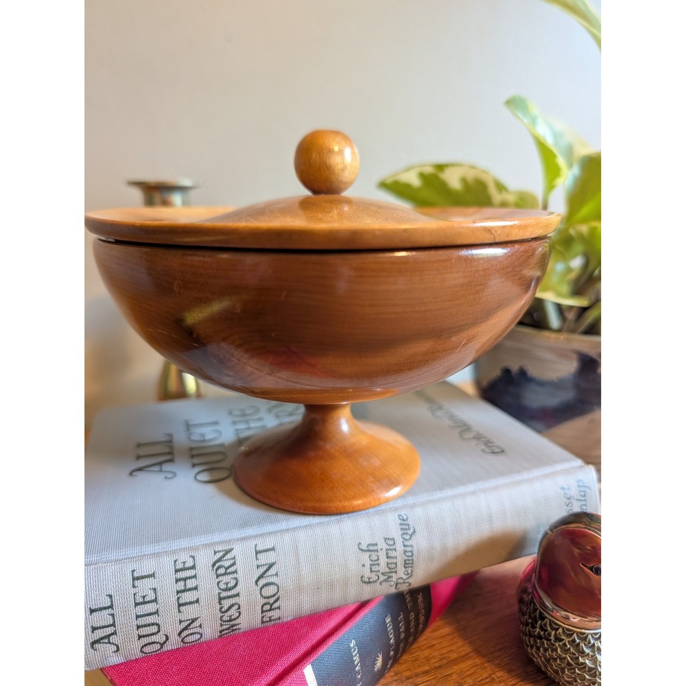 Vintage MCM Myrtlewood Hand Turned Pedestal Bowl with Lid Footed Dish Oregon